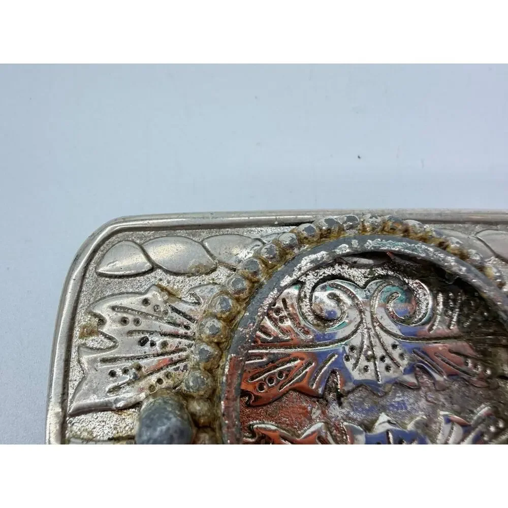 Vintage Western Floral Engraved Belt Buckle Silver Tone Made In USA Rustic